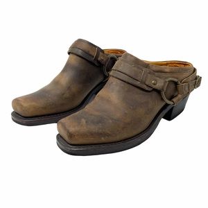 Frye Womens Belted Leather Harness Mules 9 M Brown